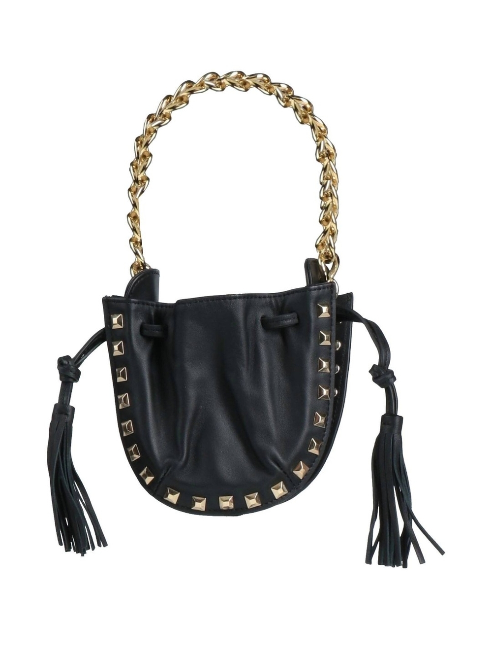 Black Studded Genuine Leather Mini  Bag with Gold Chain